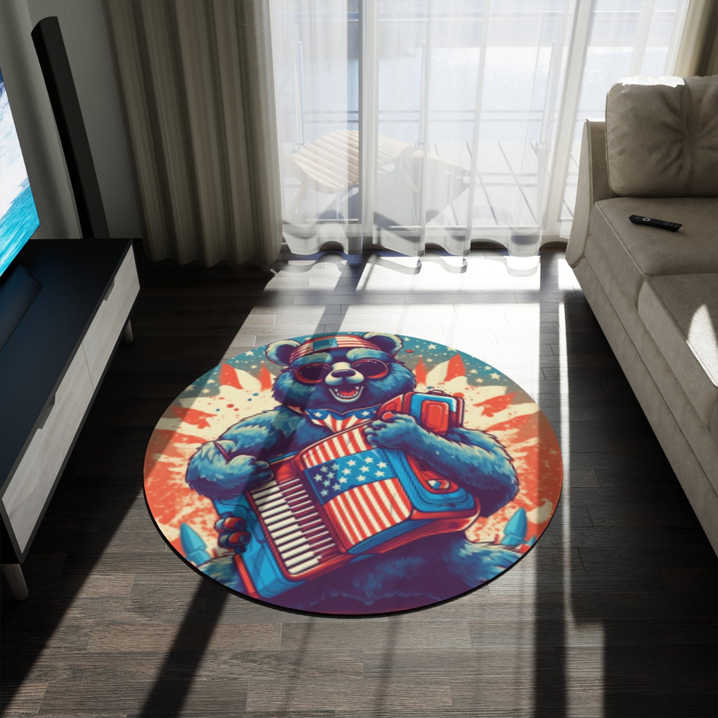 Accordion Bear Patriotic 4th of July American Music Round Rug