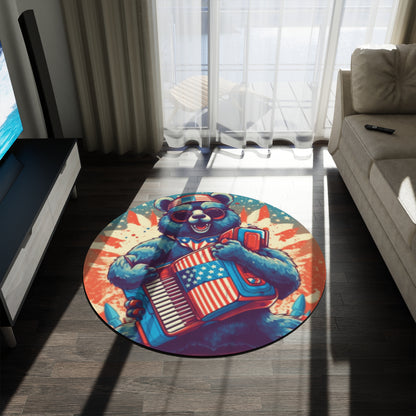 Accordion Bear Patriotic 4th of July American Music Round Rug