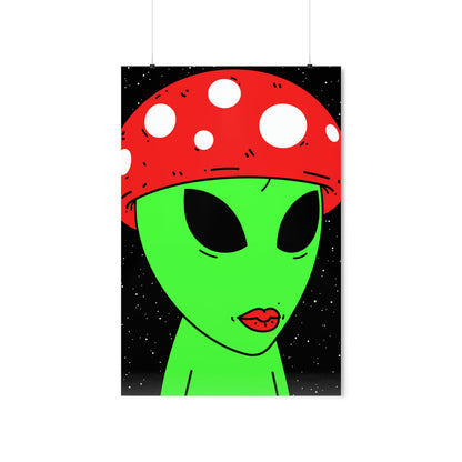 Mushroom Head Green Alien Visitor w/ Red Lips Premium Matte Vertical Posters