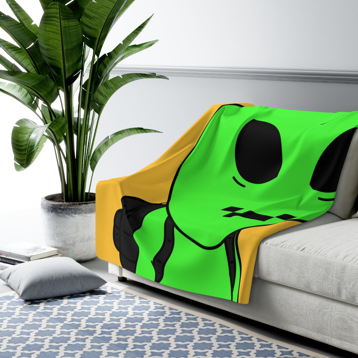 Green Alien Visitor Digital Face Black Backpack Sherpa Fleece Blanket