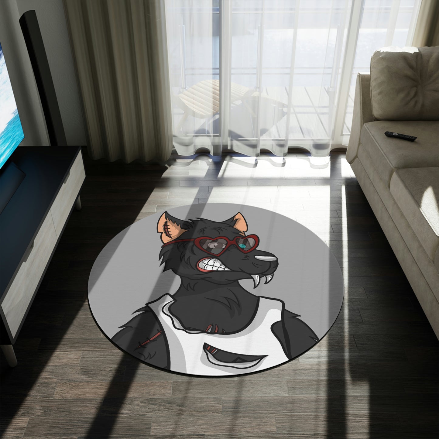 Heart Valentine Black Wolf Cyborg Round Rug