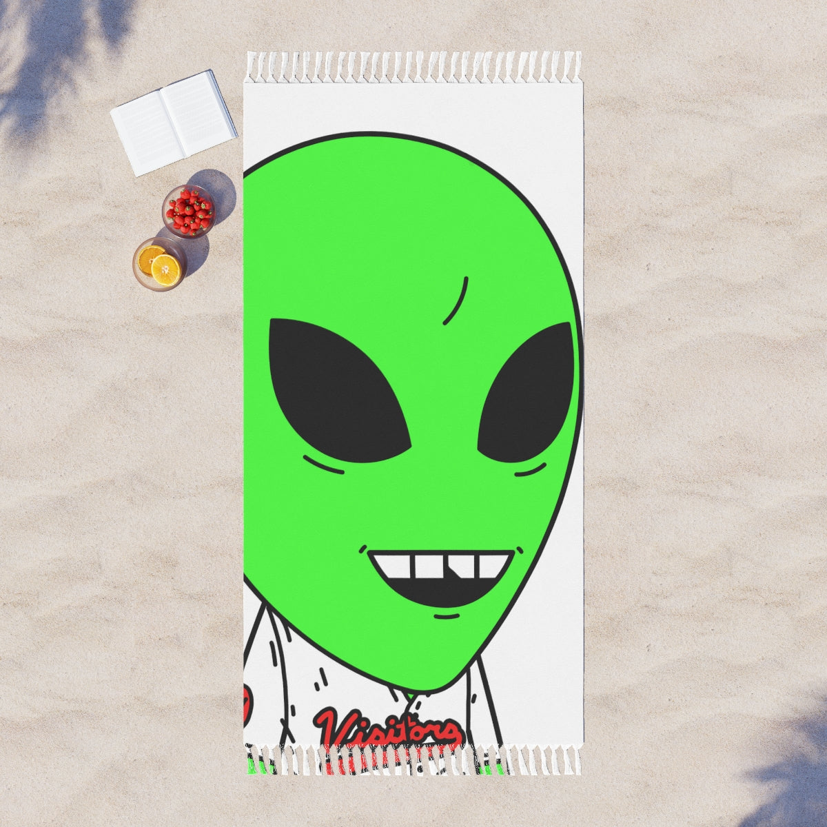 Visi Jersey Chipped Tooth Large Smile Face Green Alien Visitor Boho Beach Cloth