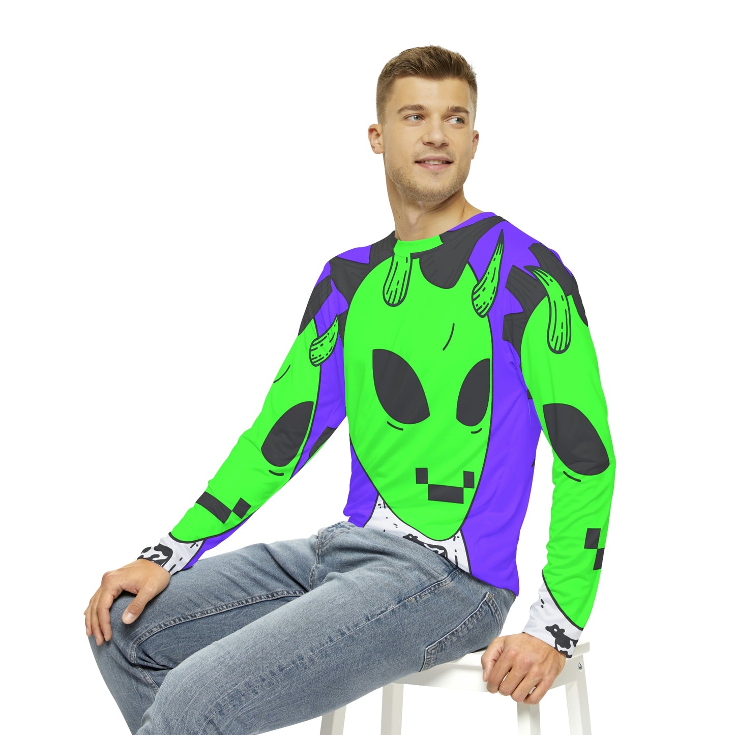 Camisa AOP de manga larga para hombre con sonrisa digital y pelo negro con punta alienígena verde vaca 