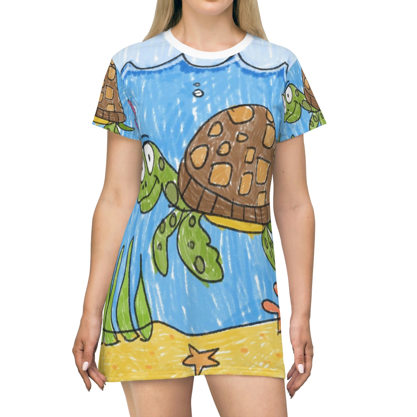 Vestido estilo camiseta con estampado integral de tortuga marina, playa, arena y océano 