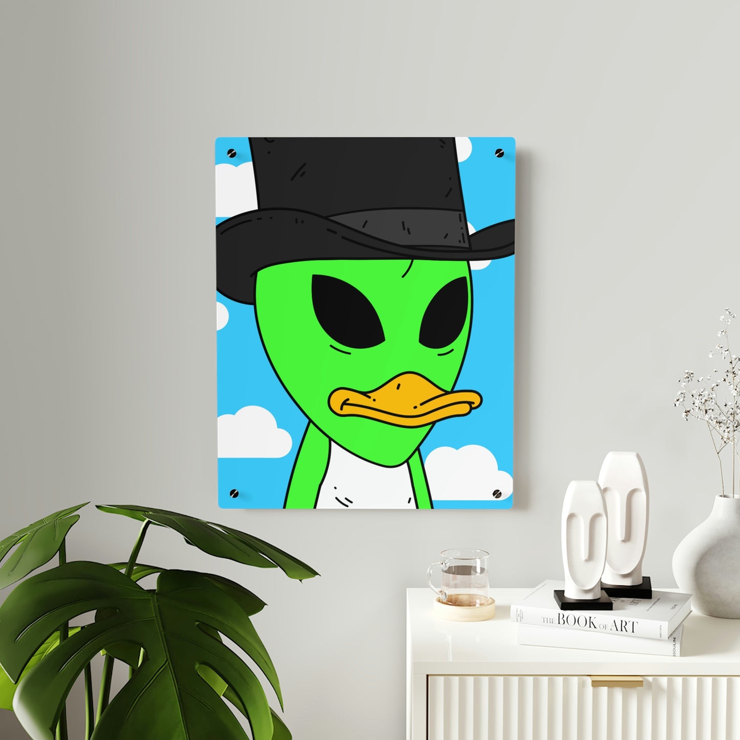 Visitors Green Alien Duck Black Top Hat Acrylic Wall Art Panels