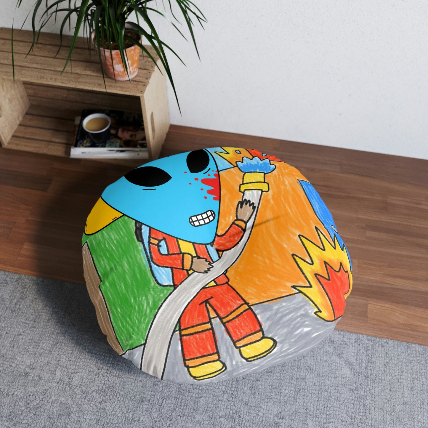 Fireman Fire Fighter Alien Blue Blood Visitor Hero Tufted Floor Pillow, Round