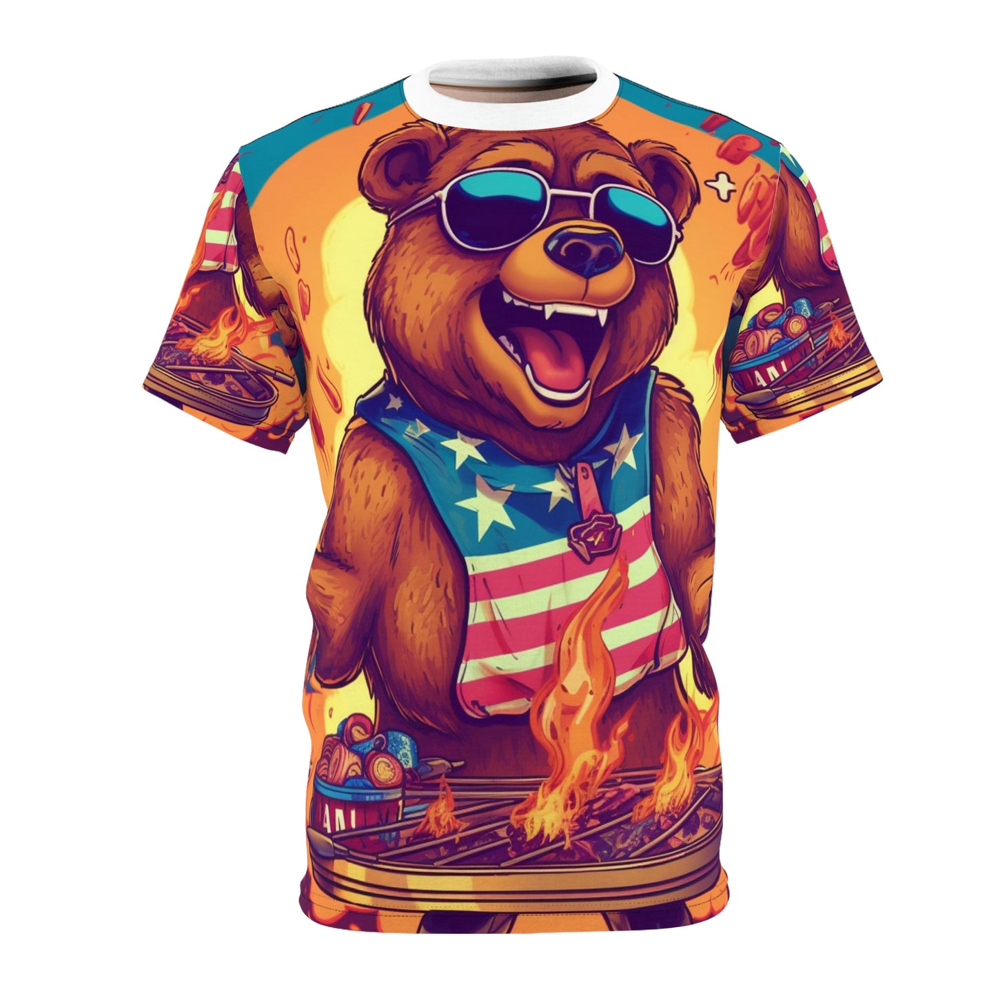 Grill Like a Patriot: Celebrate 4th of July with Patriotic Bear's Culinary Chef Unisex Cut & Sew Tee (AOP)