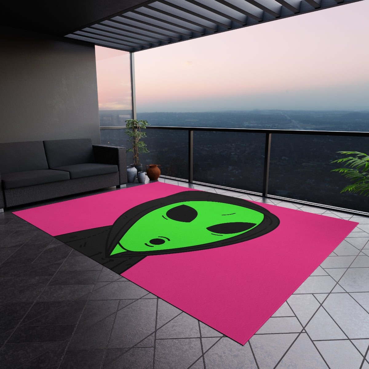 The Visitor Green Alien Black Hoodie Pink Background Outdoor Rug