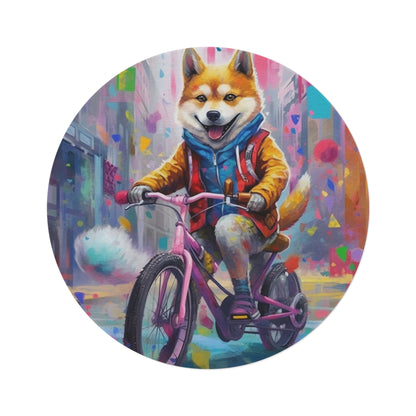 Shiba Inu on Bike Graffiti-Style Art: Colorful, Happy, Post-Apocalyptic Design Round Rug