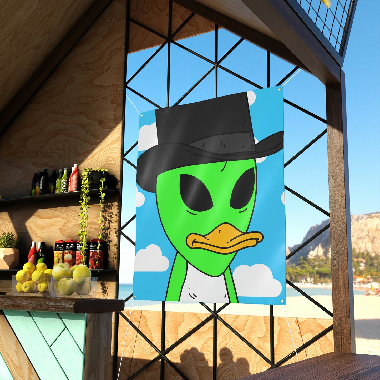 Visitors Green Alien Duck Black Top Hat Matte Banner