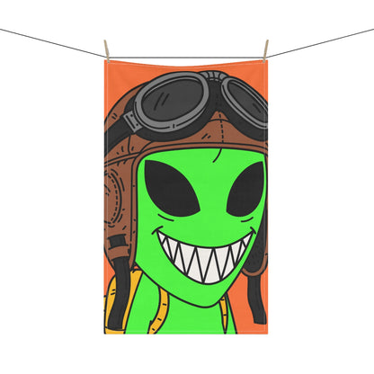 Aviador gorra voladora verde alienígena visitante gran sonrisa dientes mochila amarilla toalla de cocina 