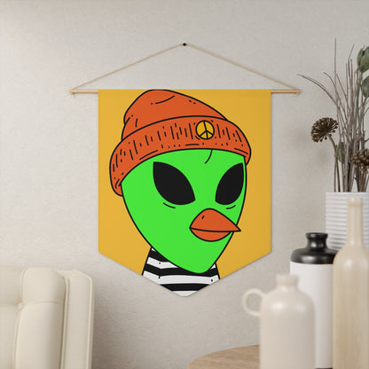 Burb Beak Green Alien Orange Peace Hat Black White Striped Shirt Pennant