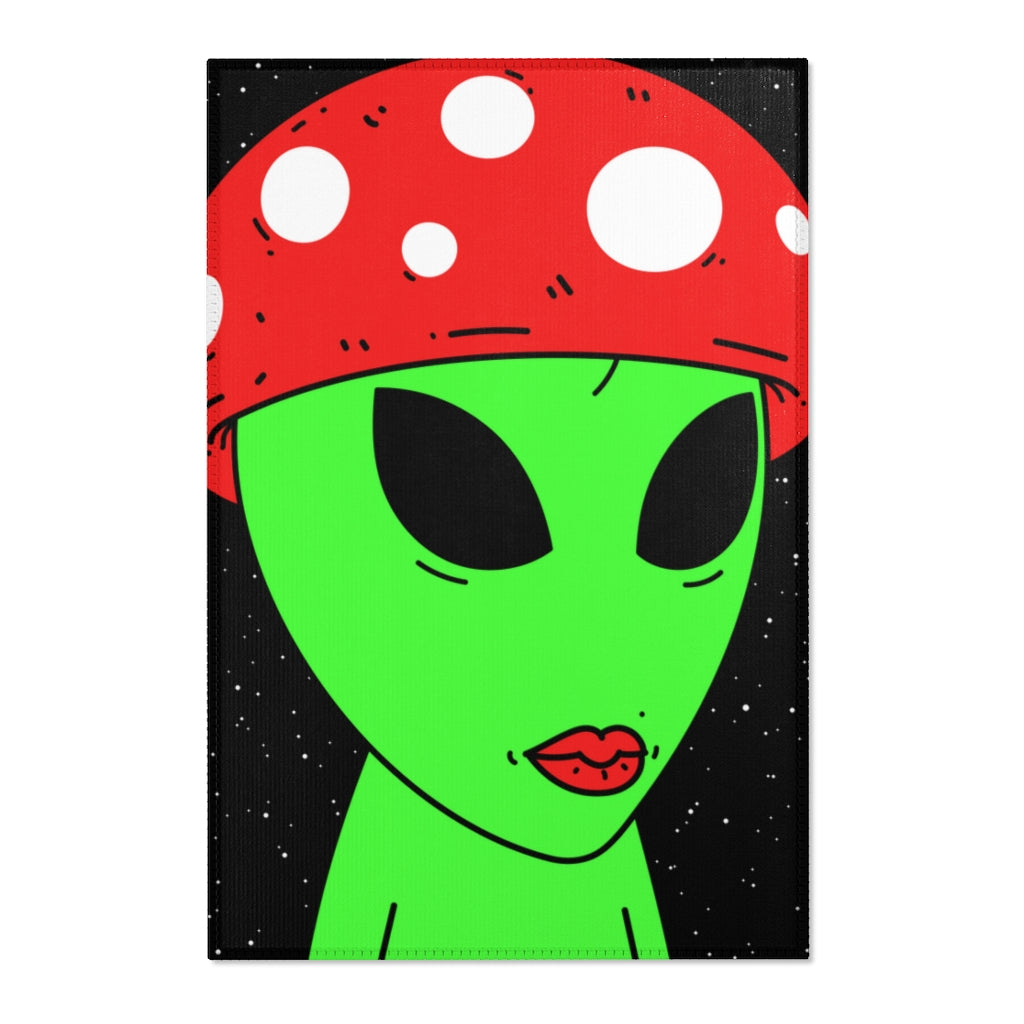 Mushroom Head Green Alien Visitor w/ Red Lips Area Rugs - Visitor751