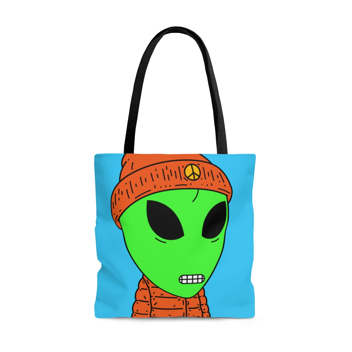 Chaqueta hinchada naranja Dientes digitales Sombrero de paz Visitante Alien AOP Bolsa de tela 