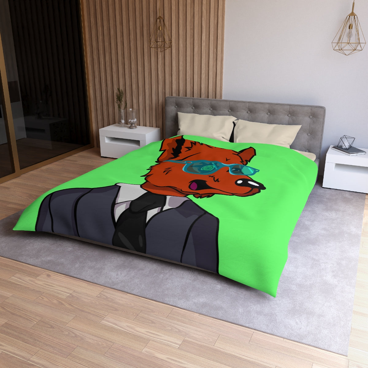 Cyborg Wolf Grey Suit Black Tie Blue Glasses Orange Fur Microfiber Duvet Cover