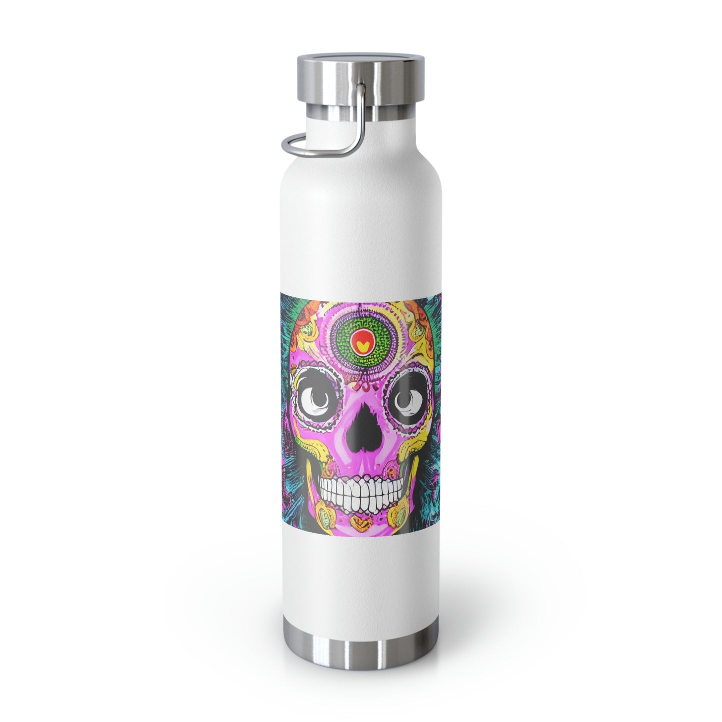 Botella aislada al vacío de cobre con cabeza de esqueleto de calavera psicodélica Trippy, 22oz