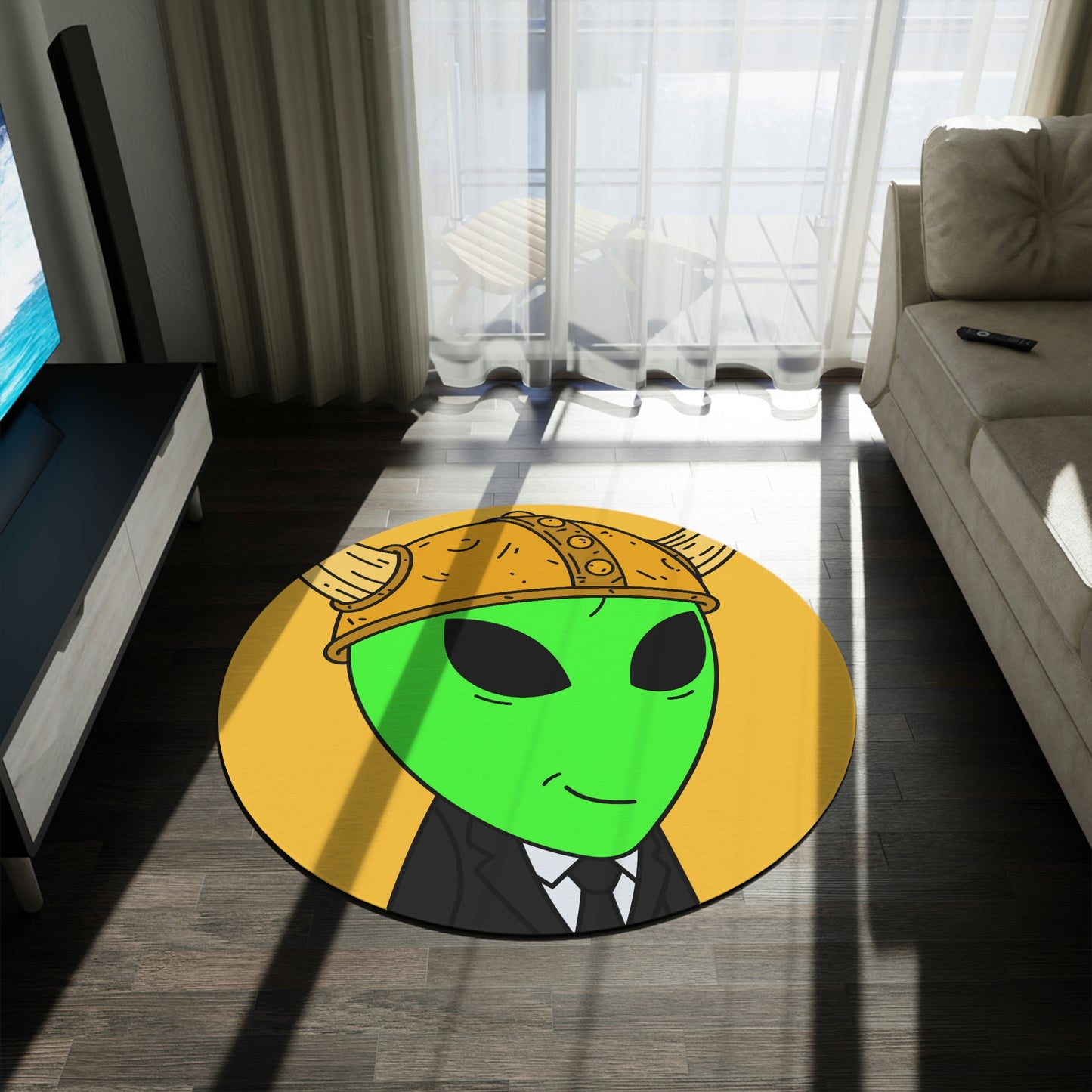 Green Smirk Face Alien Viking Helmet Black Business Suit Visitor Round Rug - Visitor751