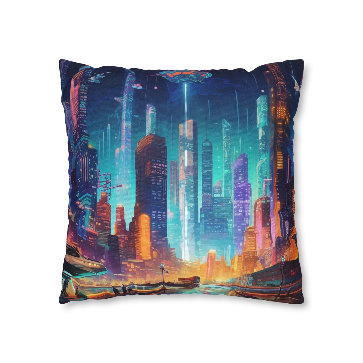 Futuristic Neon Cyberpunk Cityscape Art Design Spun Polyester Square Pillow Case