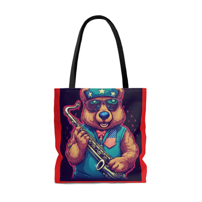 Jazz Stars and Stripes: Celebrate 4th of July with the Patriotic Bear's Saxophone Tote Bag (AOP)