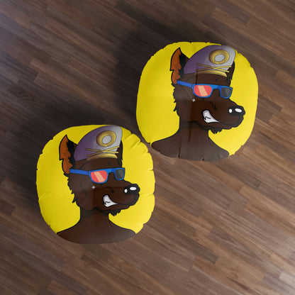 Wolf Cyborg Sailor Hat Shirtless Sunglasses Brown Fur Tufted Floor Pillow, Round