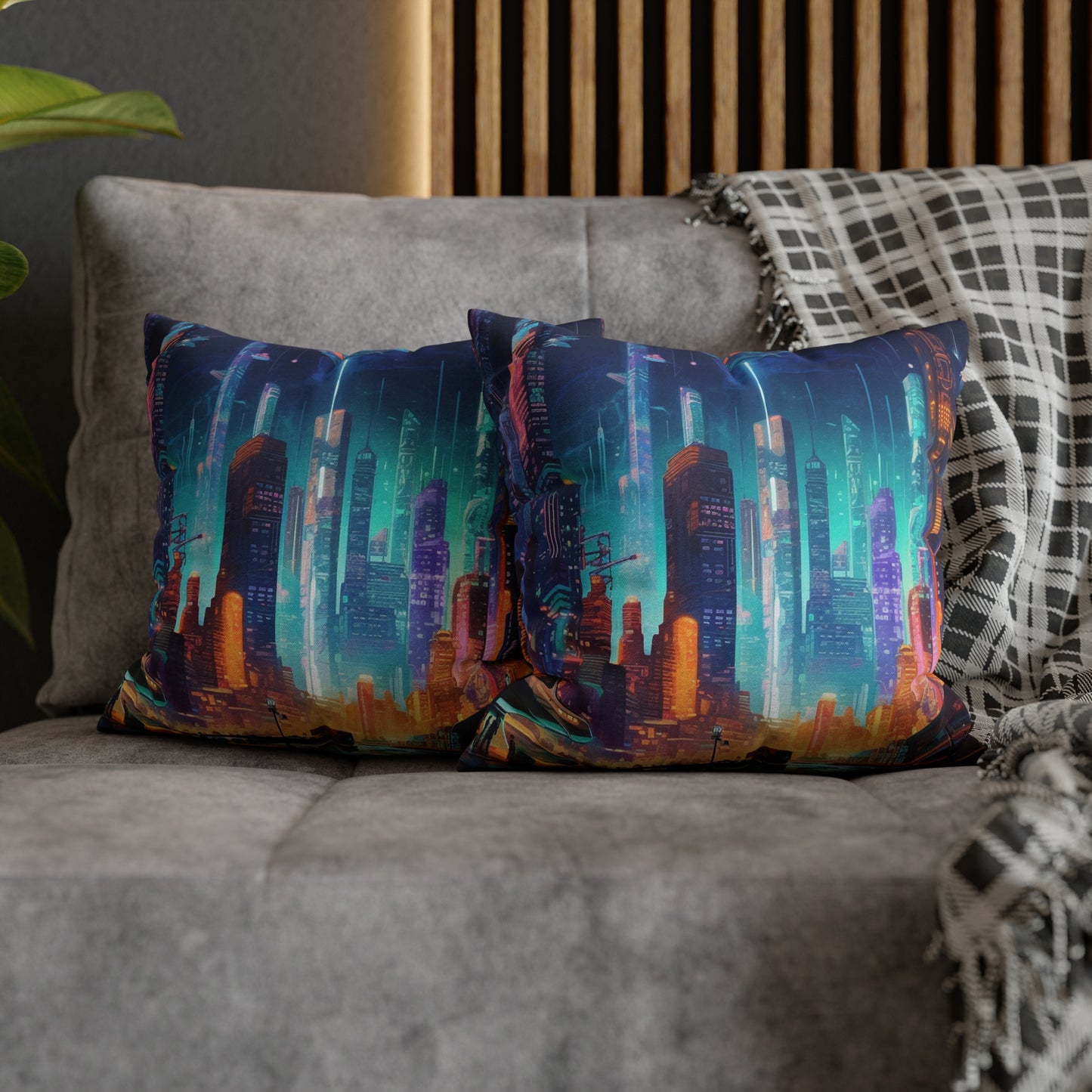 Futuristic Neon Cyberpunk Cityscape Art Design Spun Polyester Square Pillow Case