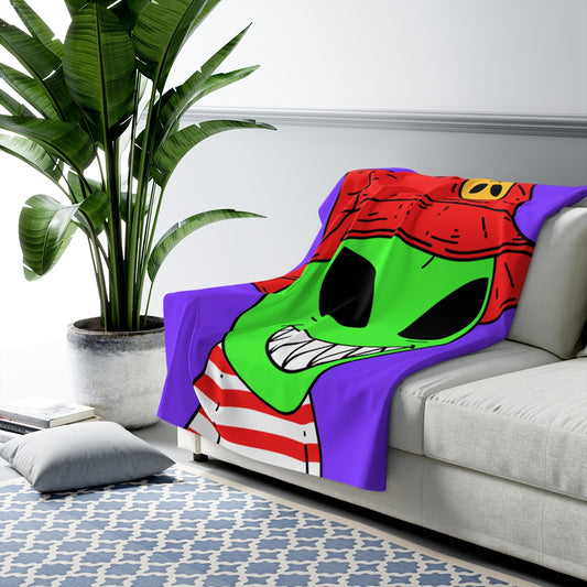 Alien Character Cartoon Red Hat Striped Shirt Big Smile Sherpa Fleece Blanket