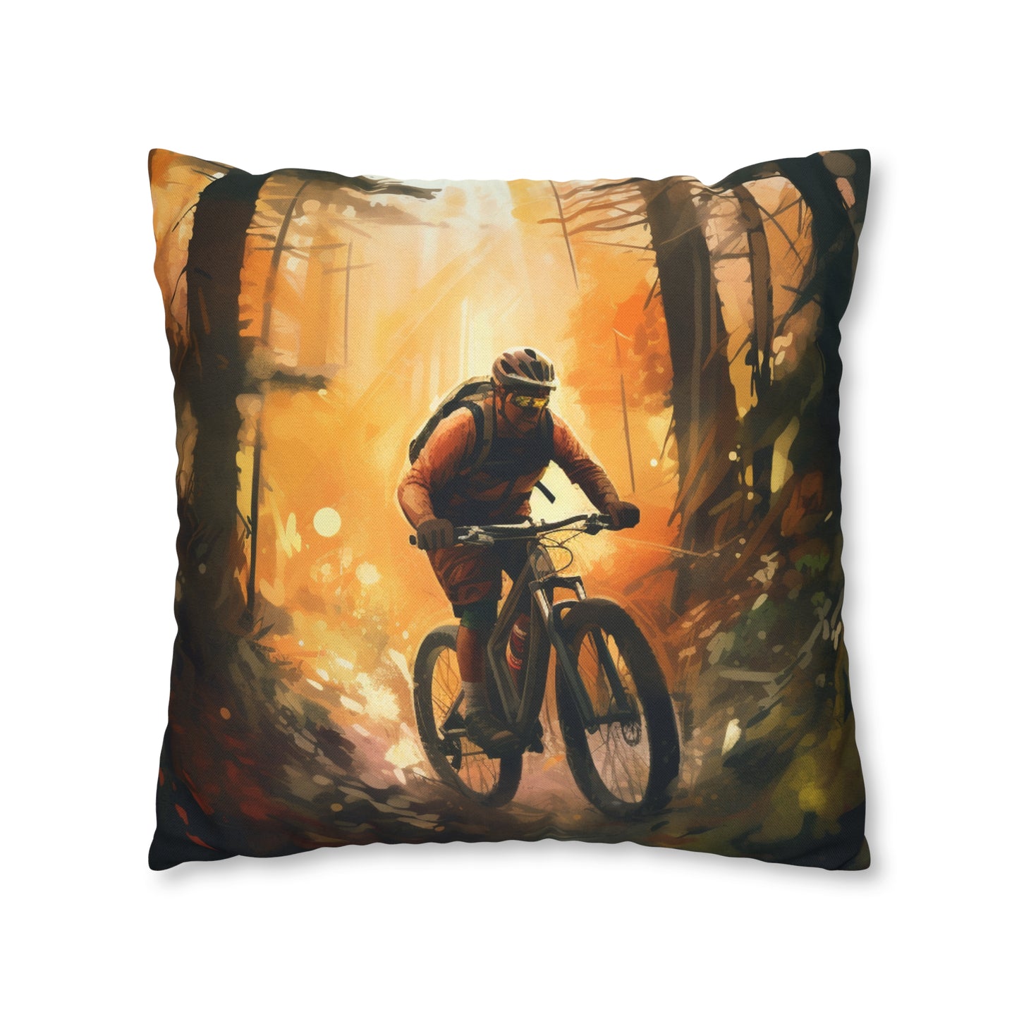 Mountain Bike Adventure - Forest Trail Graphic Spun Polyester Square Pillow Case