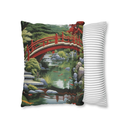 Japanese Garden Art - Tranquil Koi Pond Red Bridge Spun Polyester Square Pillow Case