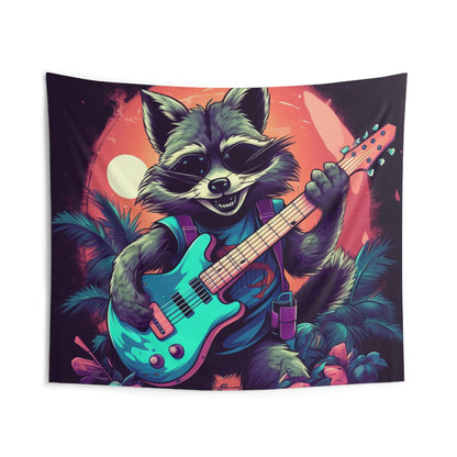 Furry Raccoon Guitarist: Animal Musician Rock Star Indoor Wall Tapestries