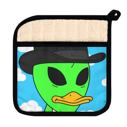 Visitor Green Alien Duck Black Top Hat Pot Holder con bolsillo