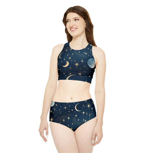 Dreamy Night Sky Celestial Stars Moons Pattern Design Sporty Bikini Set (AOP)