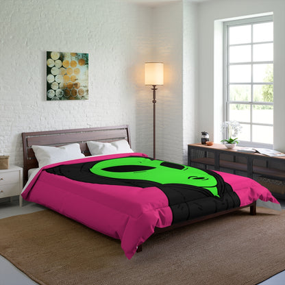 The Visitor Green Alien Black Hoodie Pink Background Bed Comforter