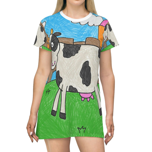 Cow Moo Farm Barn Animal Character All Over Print T-Shirt Dress