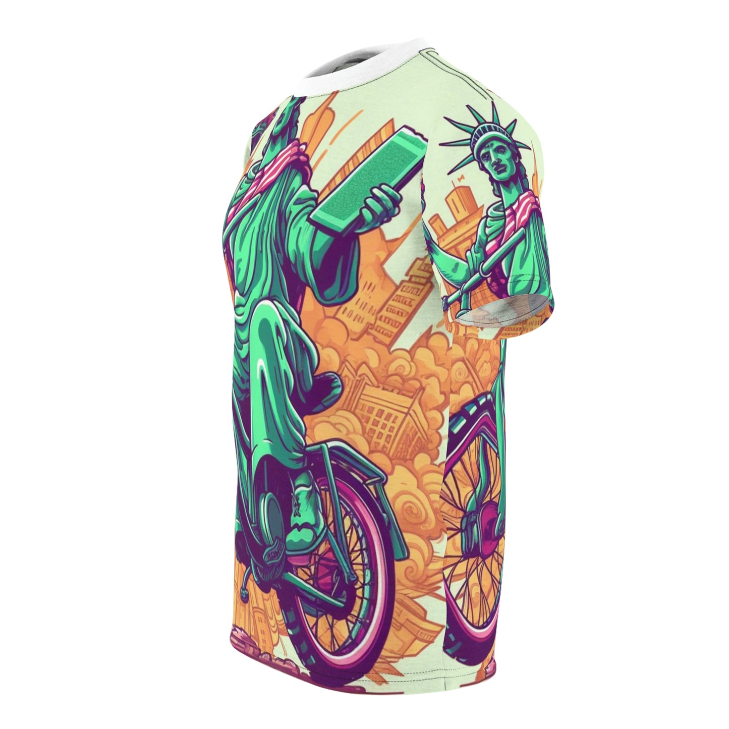 Estatua de la Libertad Ciclista Bike Rider American Graphic Unisex Cut &amp; Sew Tee (AOP) 