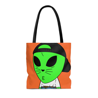 Cat Whiskers Visitor Green Alien Heart Nose Black Cap AOP Tote Bag