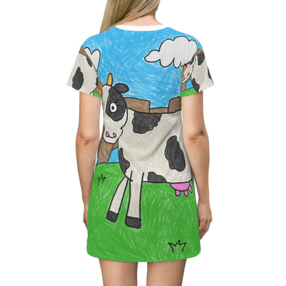 Cow Moo Farm Barn Animal Character All Over Print T-Shirt Dress