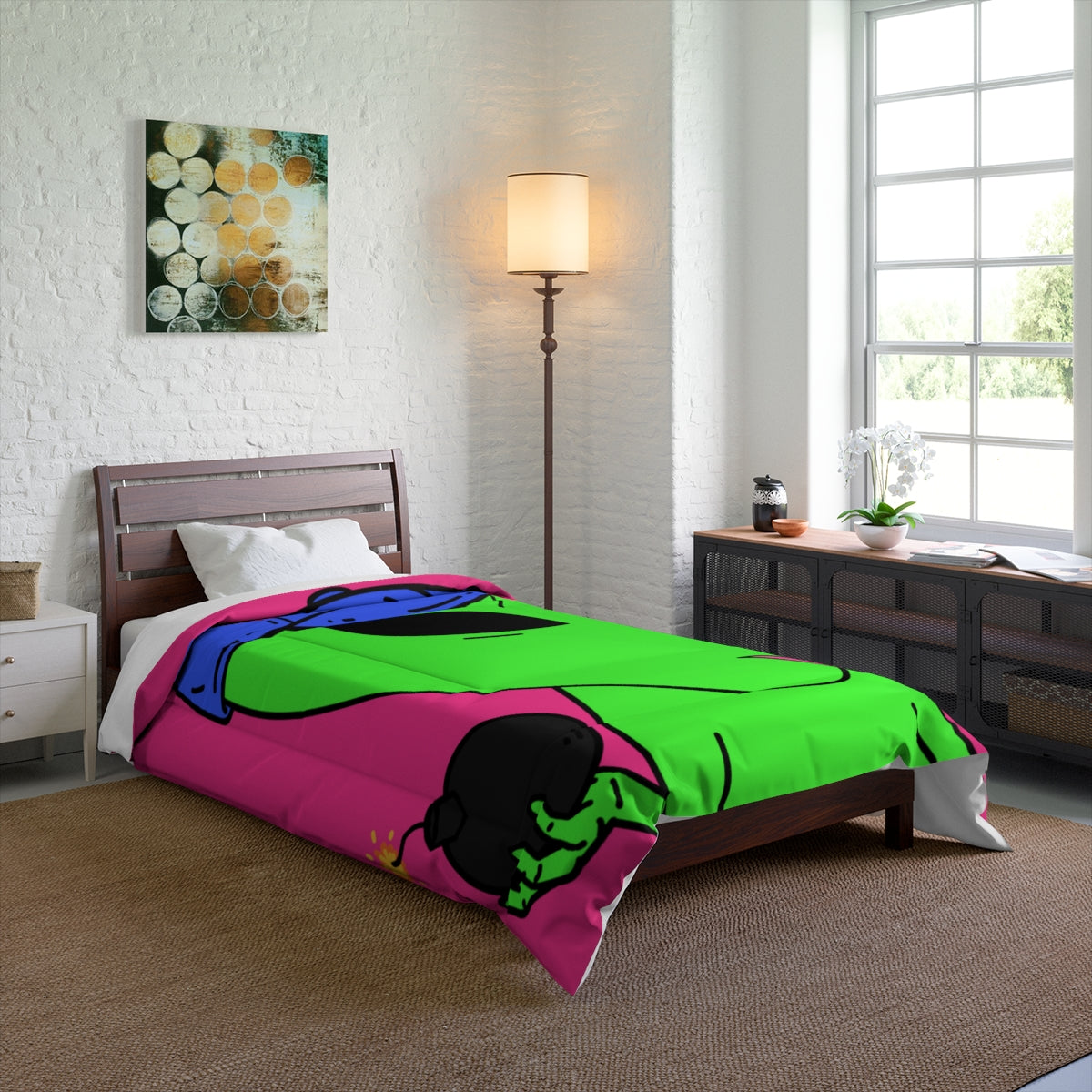 Green Alien Bomb Wield Hand Blue Visi Hat Visitor Bed Comforter