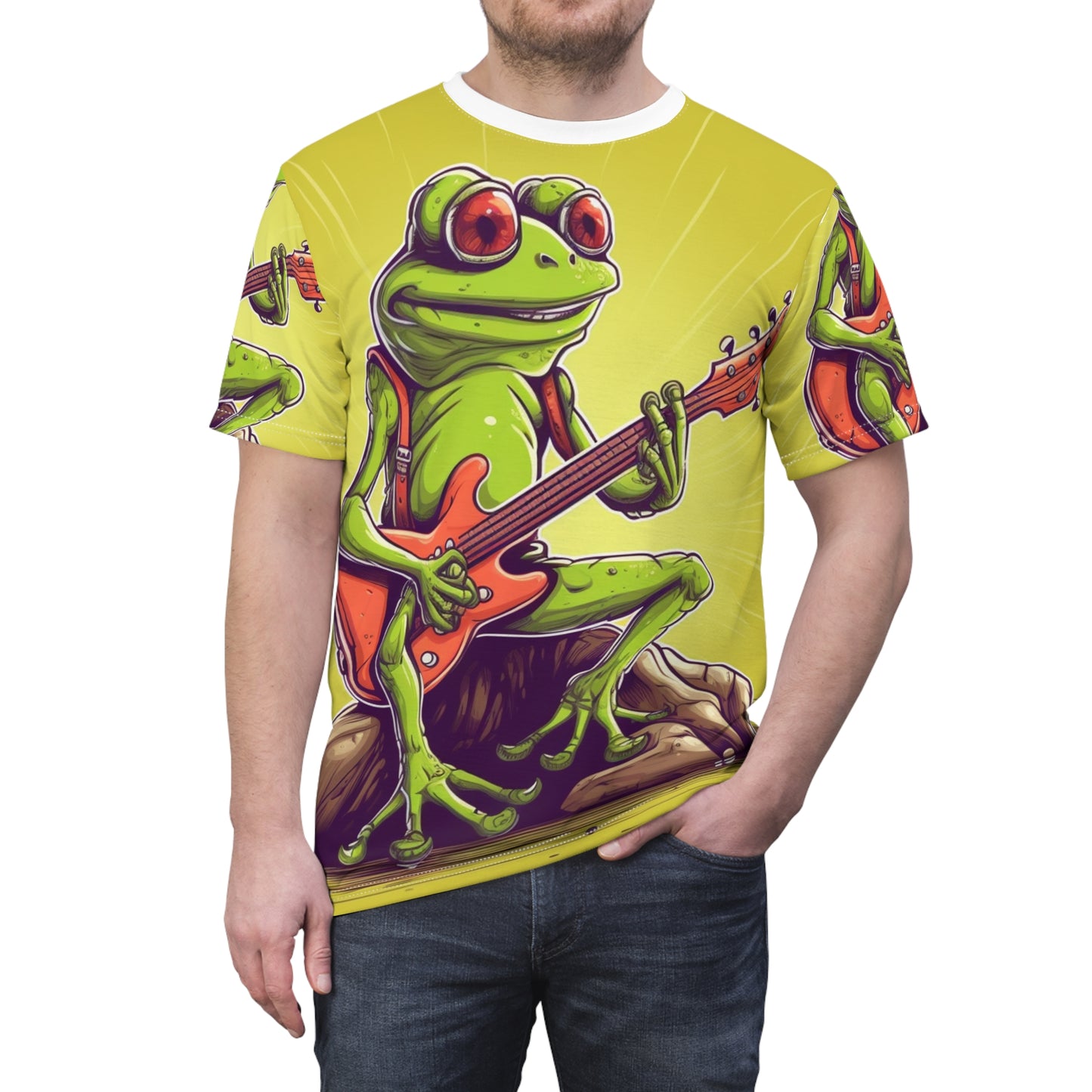 Rock Star Frog ontop Log Guitarist グラフィック インストゥルメンタル ユニセックス カットソー Tシャツ (AOP) 