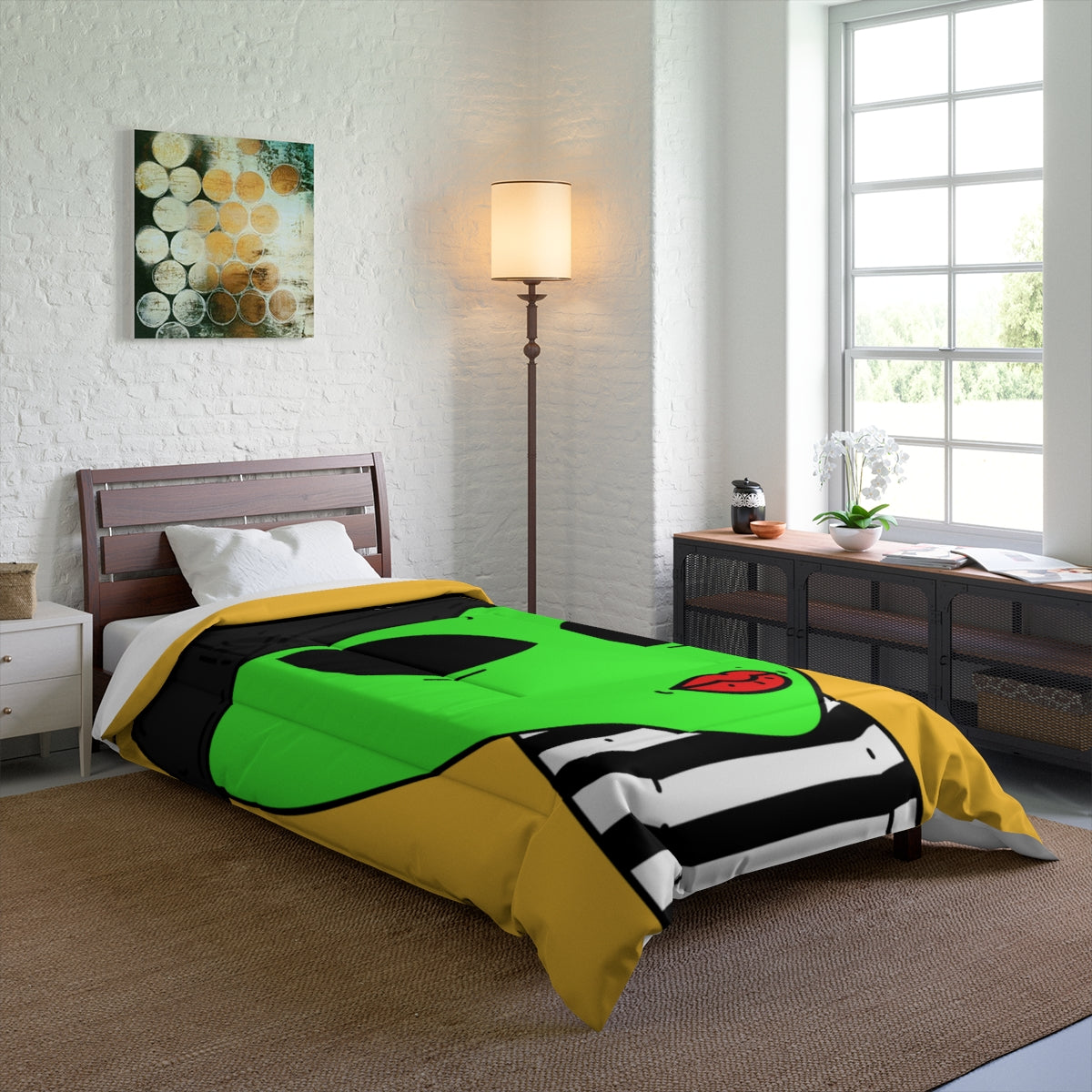 Black Striped Shirt Visitor Green Alien Black Cap V Bed Comforter