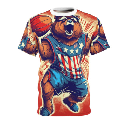 Slam Dunk for Independence:Patriotic Bear's 4th of July Basketball Game Unisex Cut & Sew Tee (AOP)