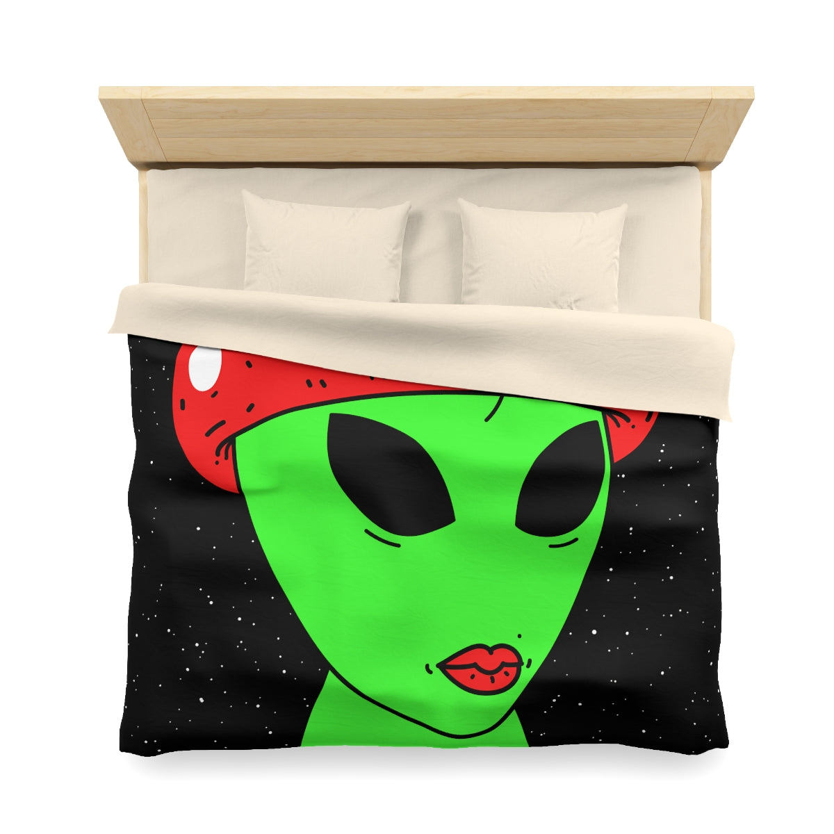 Mushroom Head Green Alien Visitor w/ Red Lips Microfiber Duvet Cover