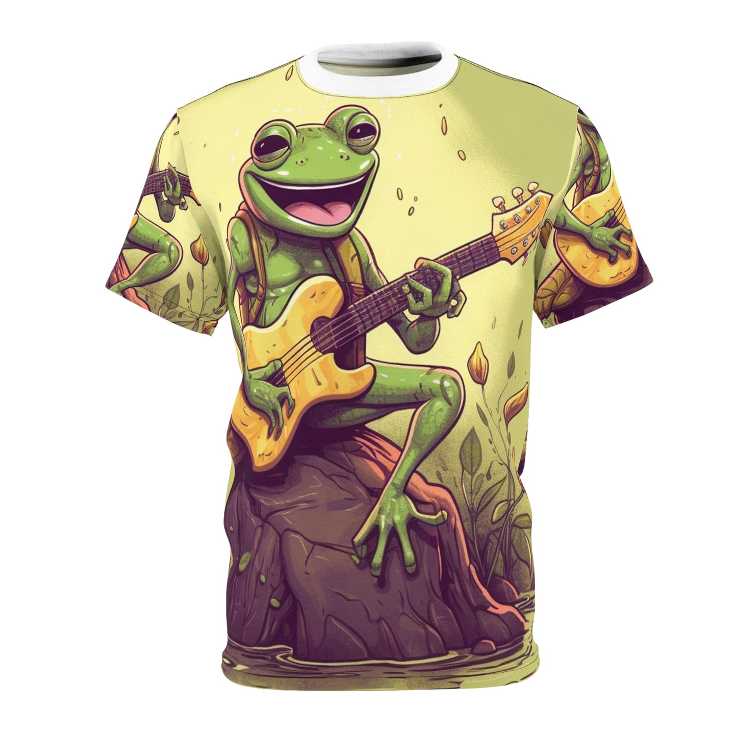 Frog Swamp Creature Stump Guitarist ミュージカルグラフィック ユニセックス カットソー Tシャツ (AOP) 