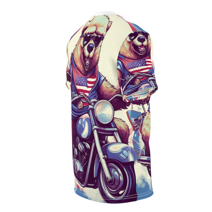 Roaring American Pride: Patriotic Bear 4th of July Motorcycle Adventure Unisex Cut & Sew Tee (AOP)