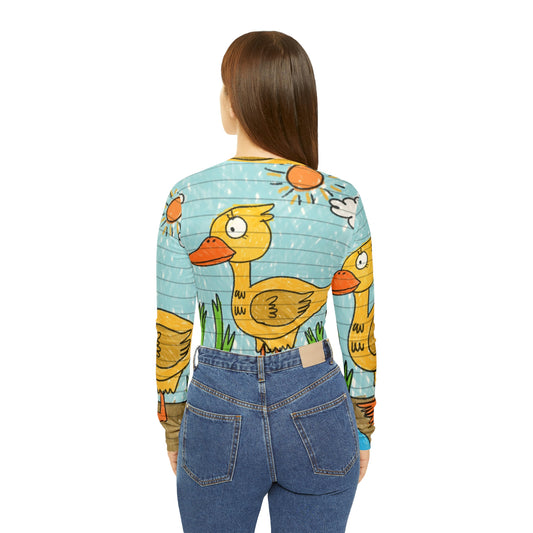 Camisa de manga larga con cuello en V para mujer Yellow Duck Bird Pond 
