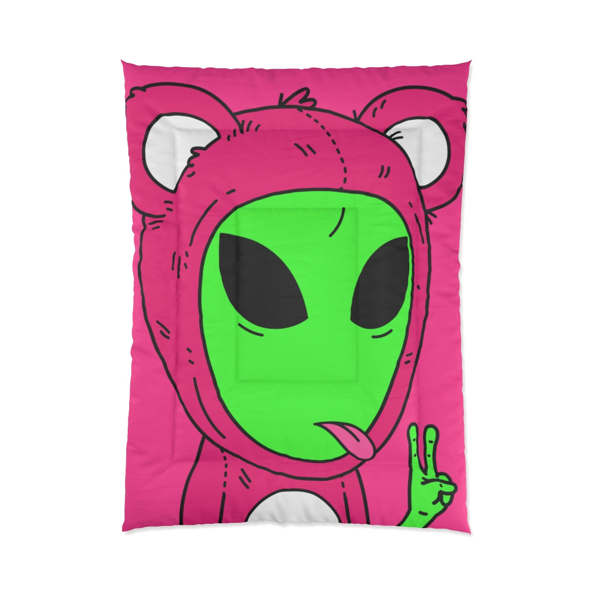 Oso Rosa Paz Verde Mano Lengua Visitante Extraterrestre Cama Colcha