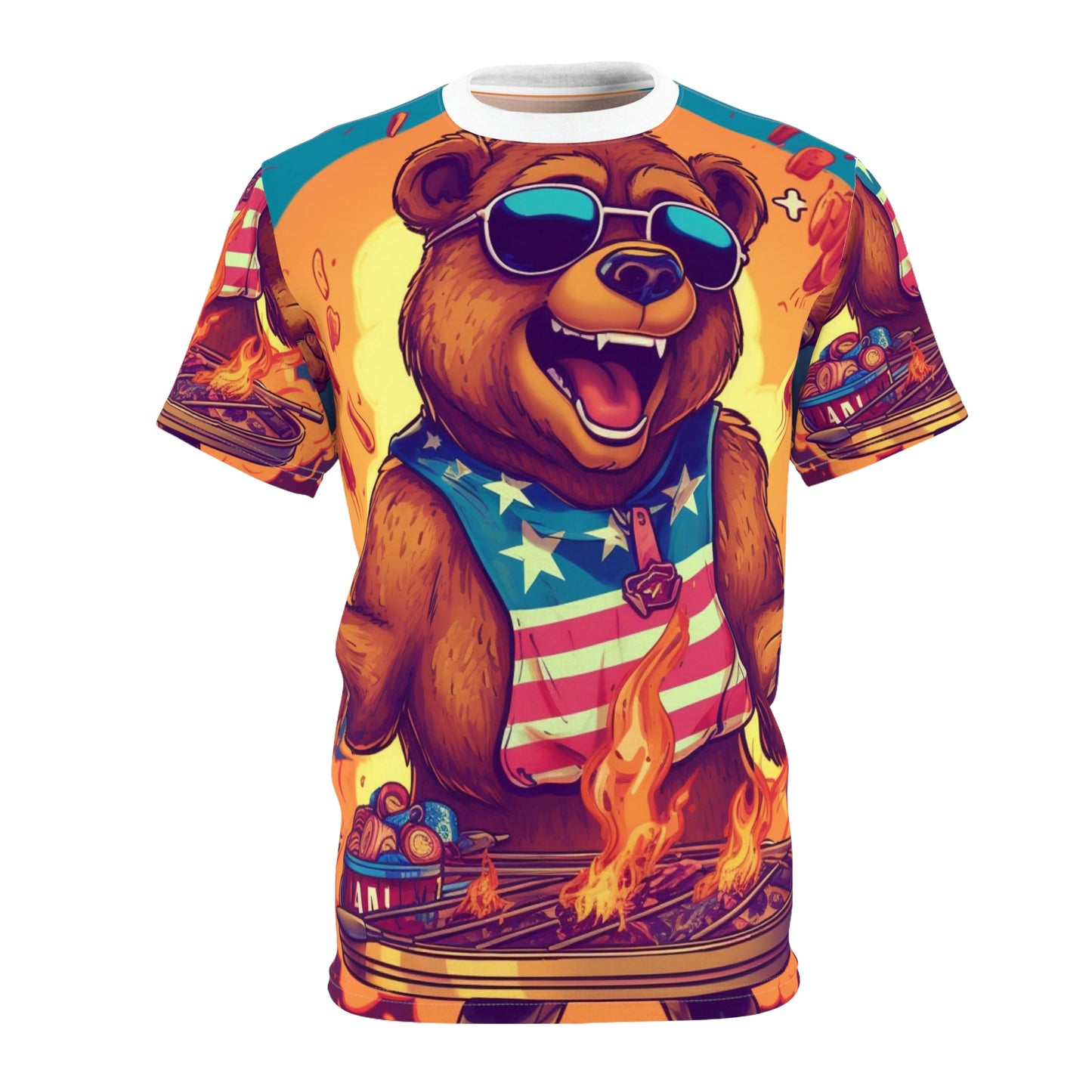 Grill Like a Patriot: Celebrate 4th of July with Patriotic Bear's Culinary Chef Unisex Cut & Sew Tee (AOP)