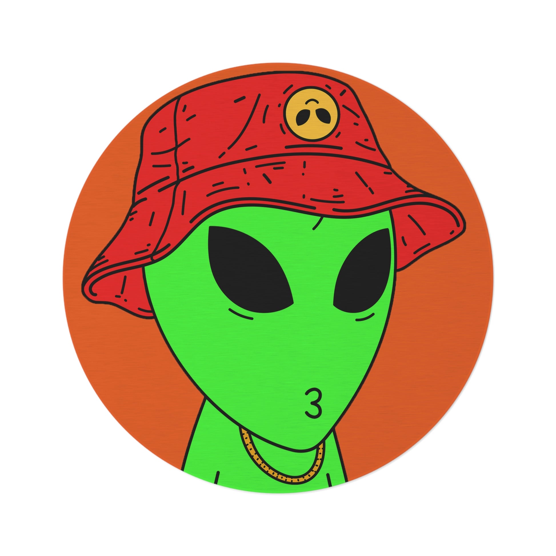 The Visitors Green Alien Kiss Face Gold Chain Red Hat Round Rug - Visitor751