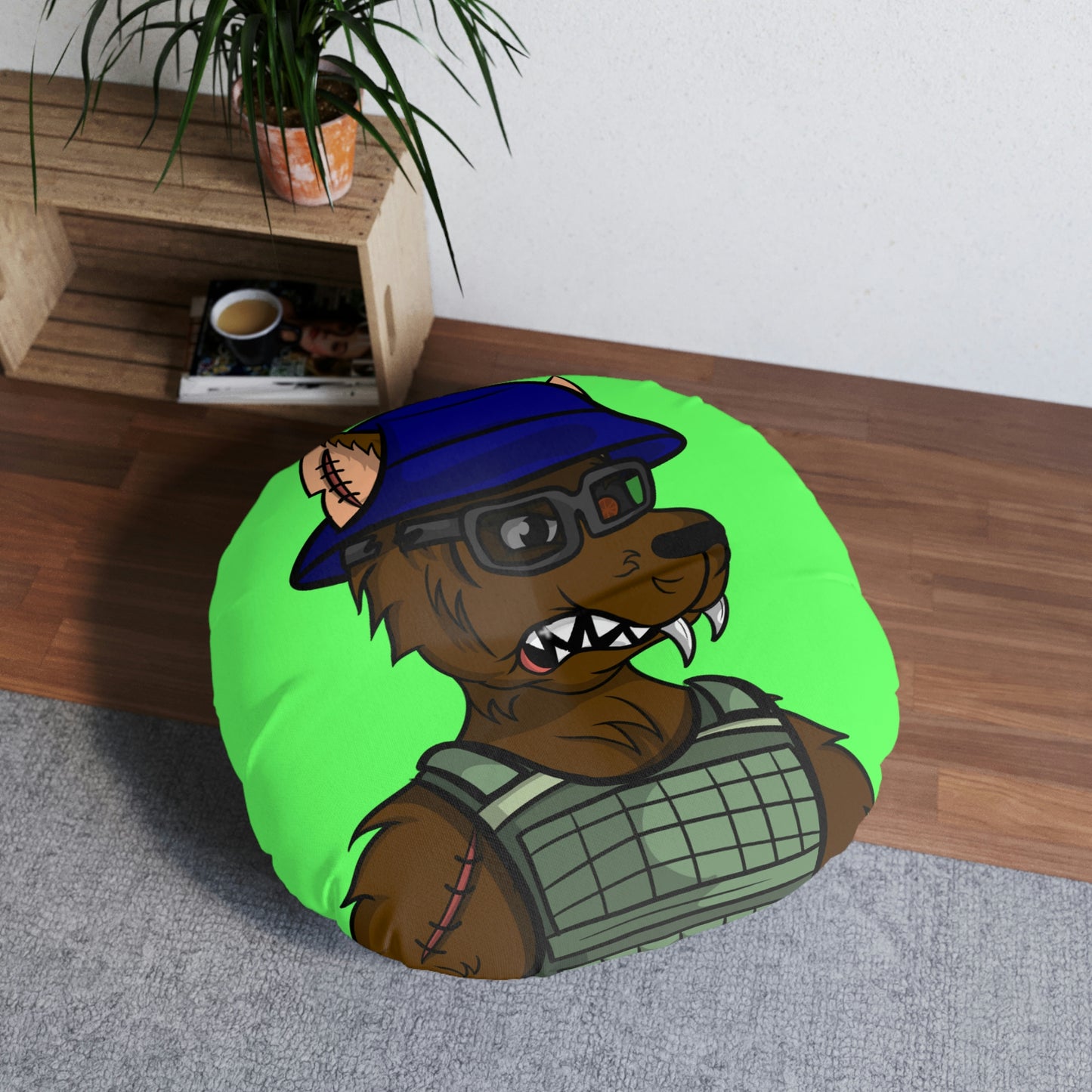 Military Wolf Army Cyborg Wolve Tufted Floor Pillow, Round