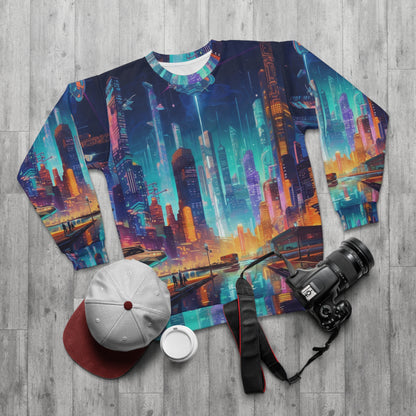 Sudadera unisex futurista de neón Cyberpunk Cityscape Art Design (AOP)