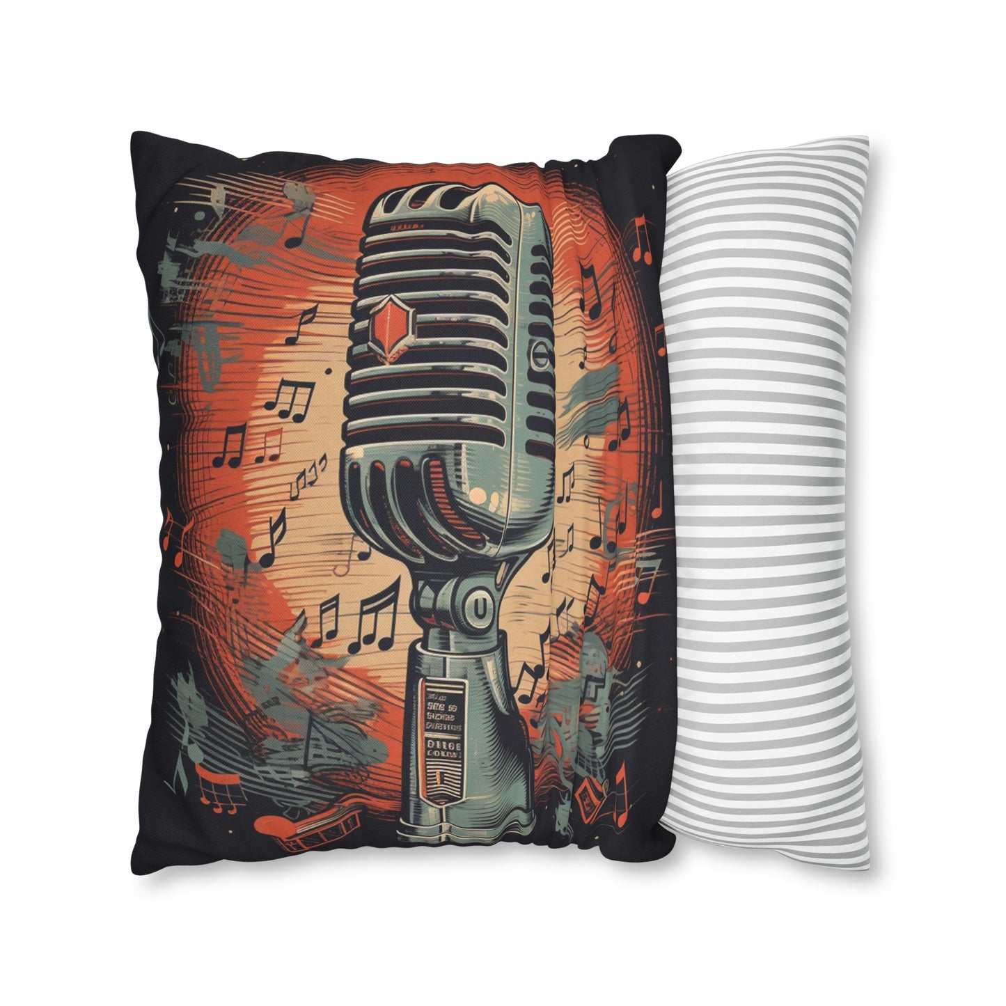 Micrófono retro y notas musicales - Funda de almohada cuadrada de poliéster hilado con diseño de estilo vintage 